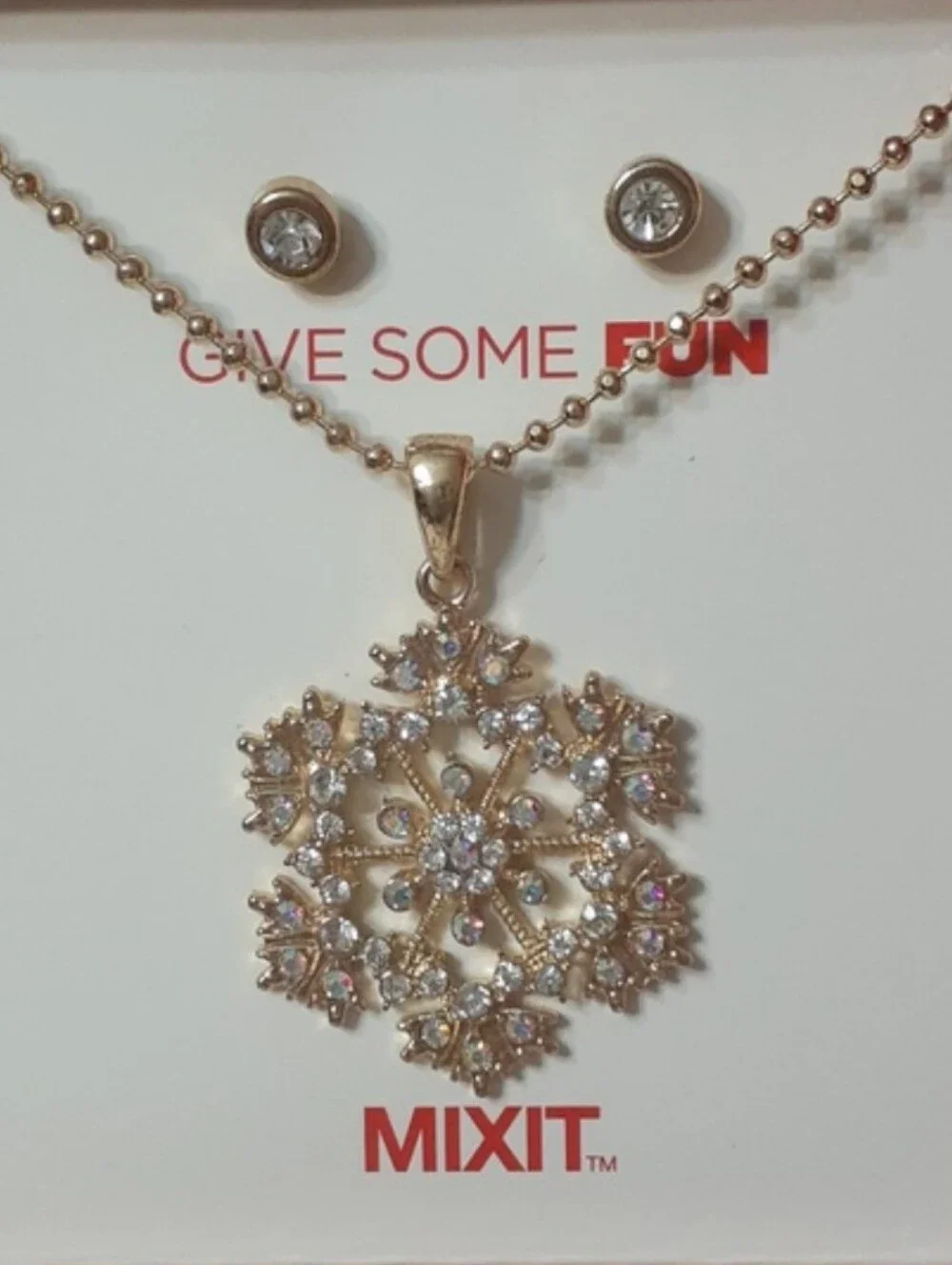 MIXIT Gold Snowflake Pendant Necklace with Crystal Studs Boxed NWT